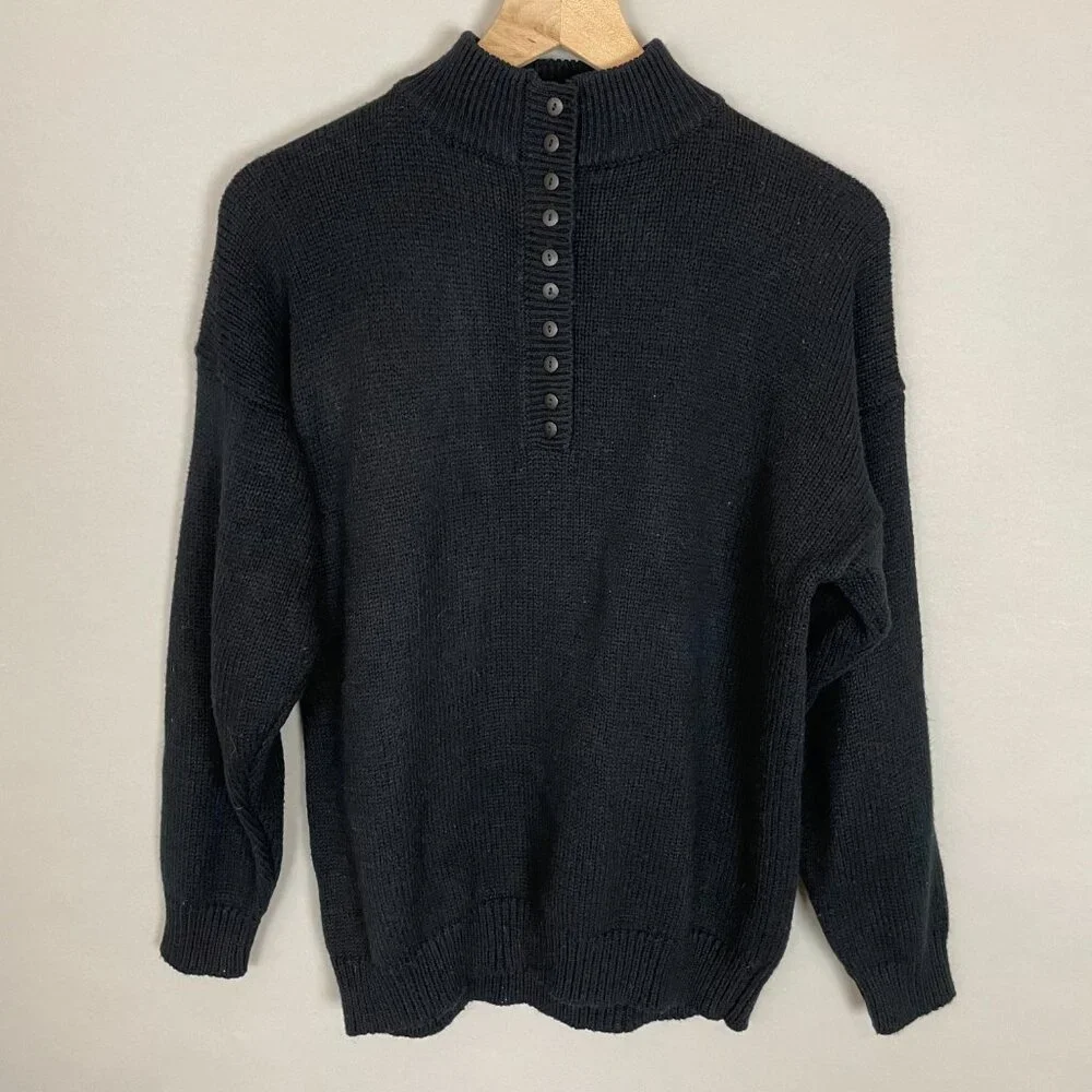 Vintage Sweater Black Buttoned Neckline Mock Neck Men Acrylic Retro Knit Classic